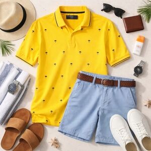 Cremieux NWOT Yellow 1/4 BUTTON Cotton Tiny Palm Trees Polo Shirt. Mens Large